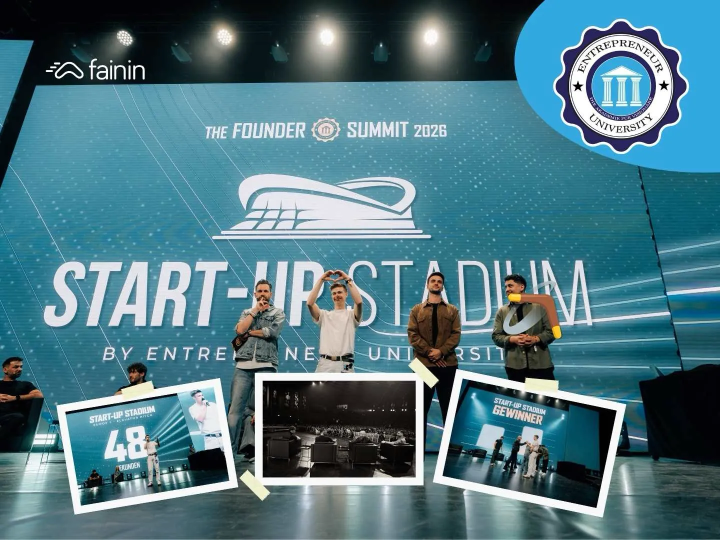 Bühne des Start-up Stadium beim Founder Summit 2026 mit vier Personen vor einer großen Leinwand